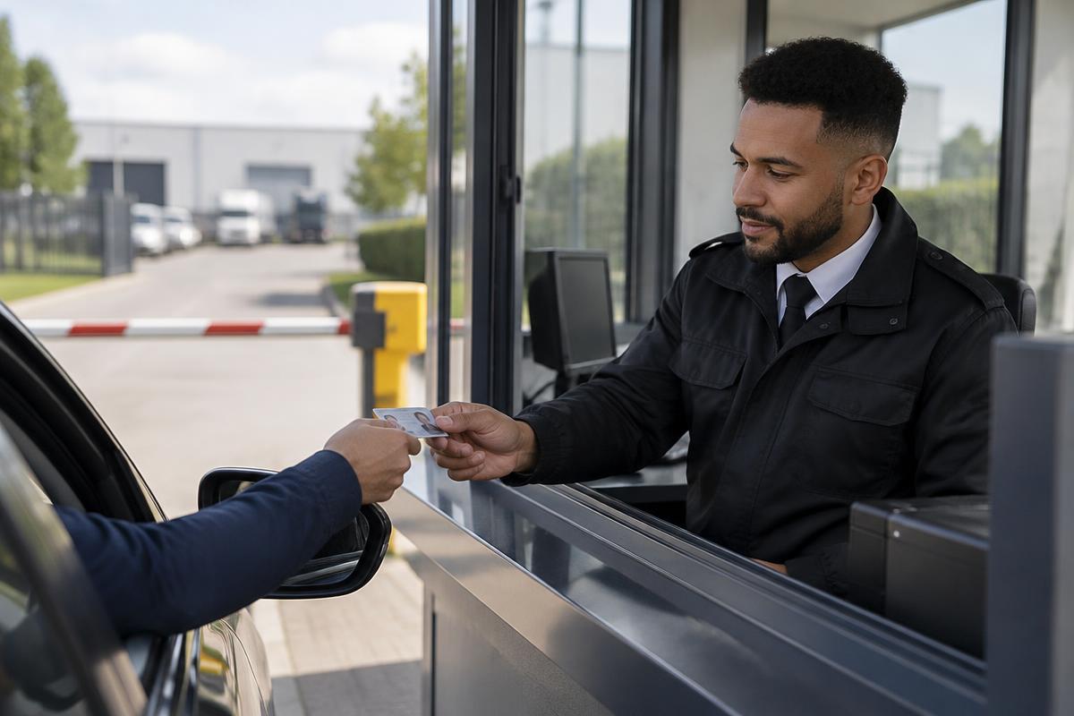 Security officer checking a visitor's identity card at a staffed gatehouse