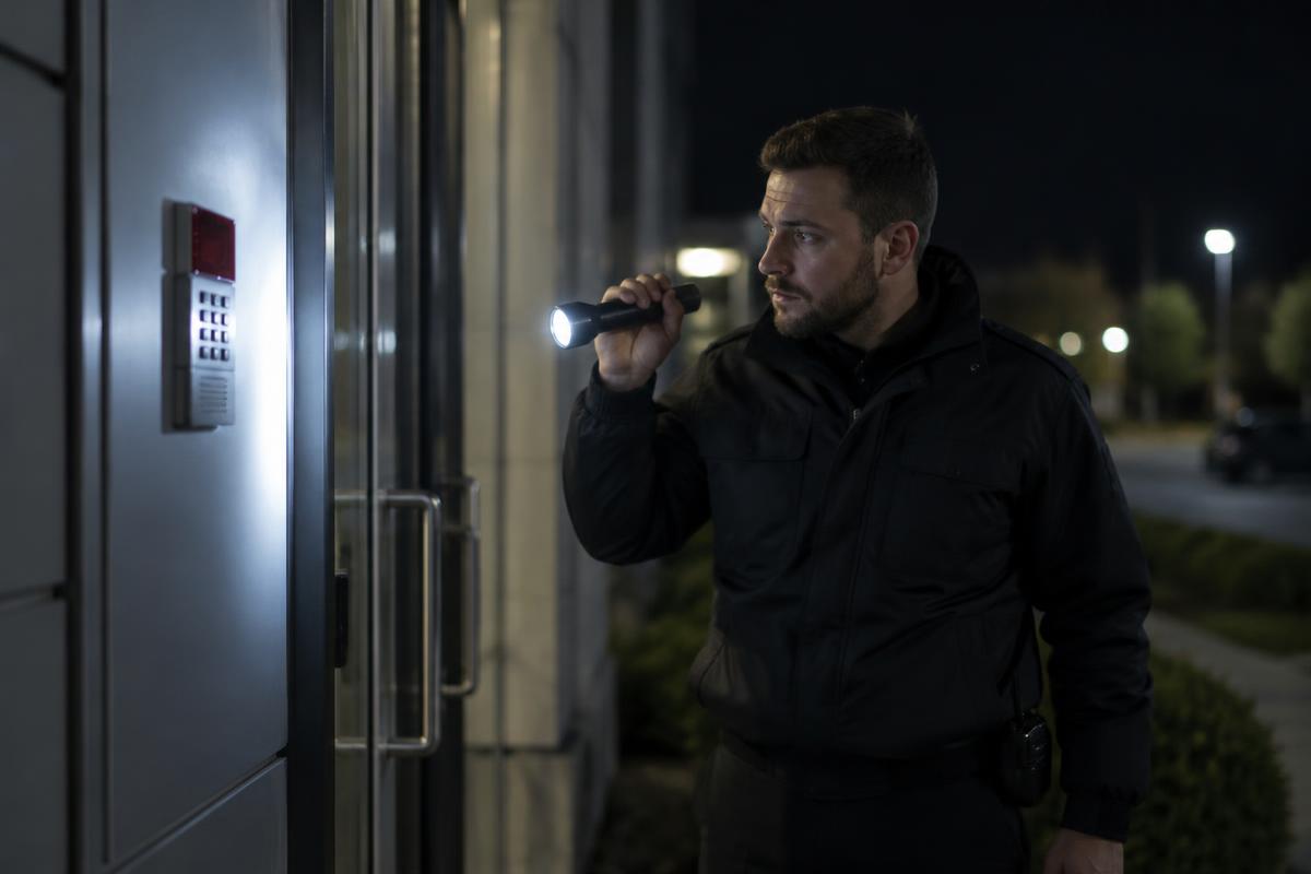 Security officer checking an external door and alarm panel with a torch at night
