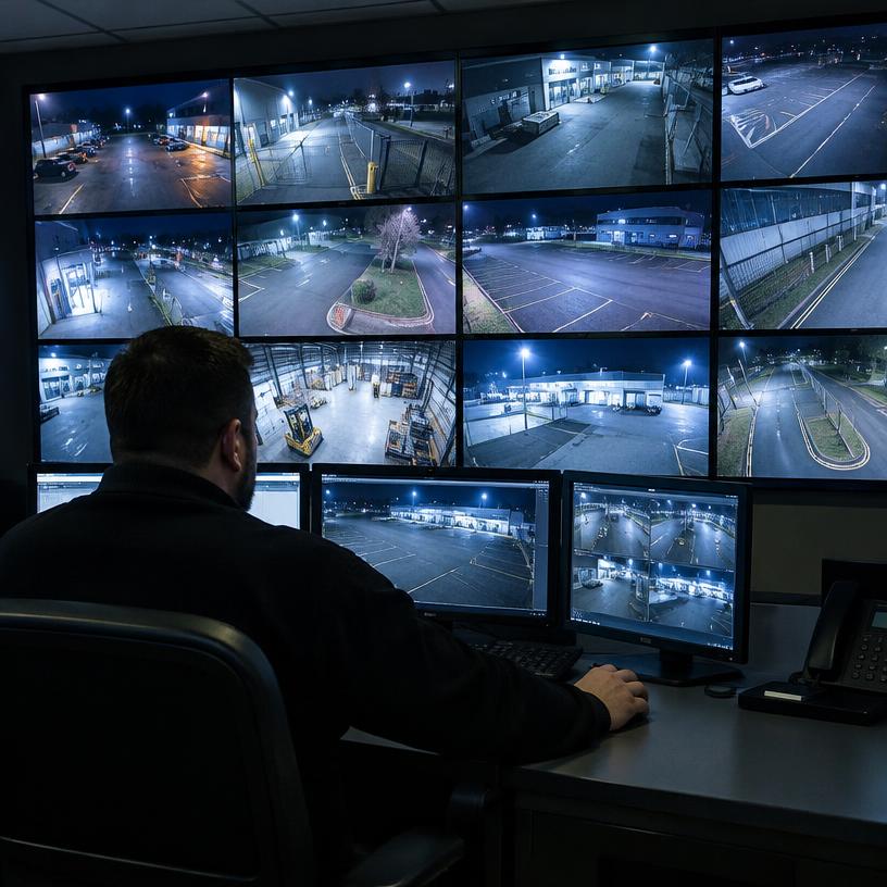 Operator monitoring a wall of CCTV screens