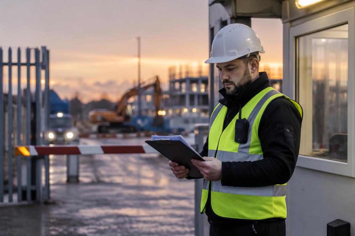 Security officer in hi-vis and a hard hat at a construction site gatehouse