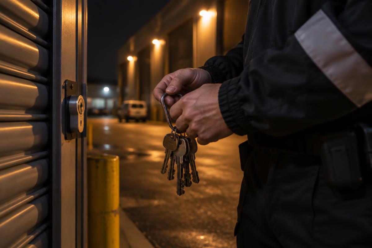 Security officer holding a set of keys outside a shuttered unit at night
