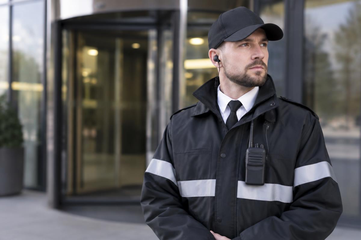 Uniformed security officer standing at the entrance of an office building