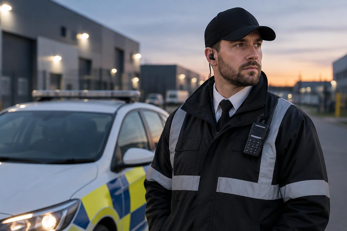 Security officer beside a marked patrol vehicle at a commercial site at dusk